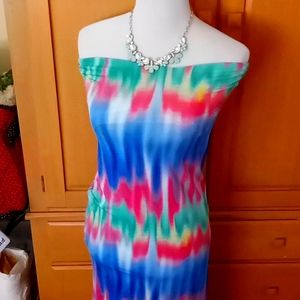 Multi color strapless slit up left side sun dress tie died